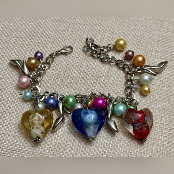 Vintage Silver Charm Bracelet W/Colorful Heart Shaped Murano Style Glass Beads - Picture 4 of 4